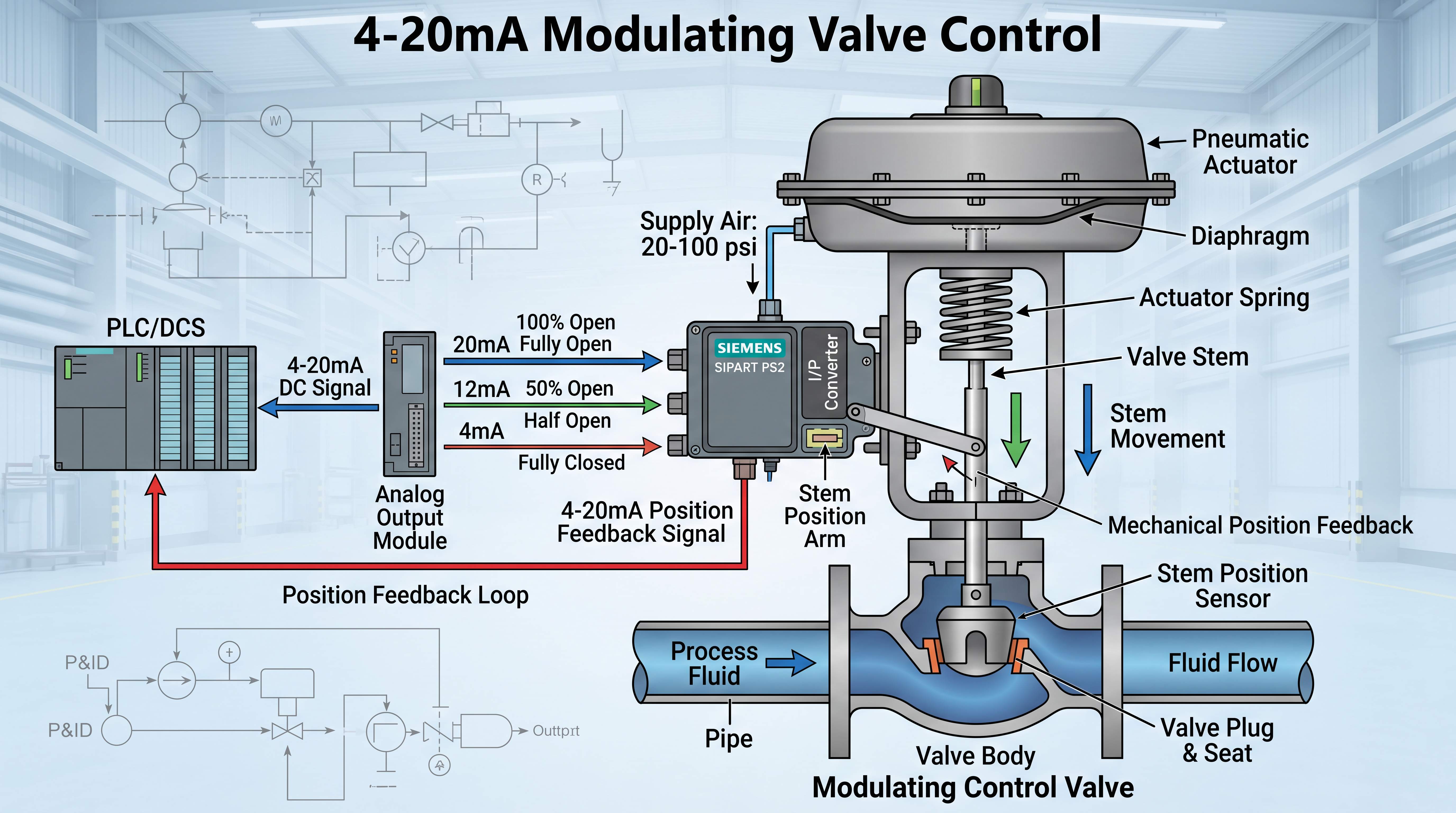 4-20mA modulating valve control diagram showing PLC signal, pneumatic actuator, positioner and mechanical feedback loop